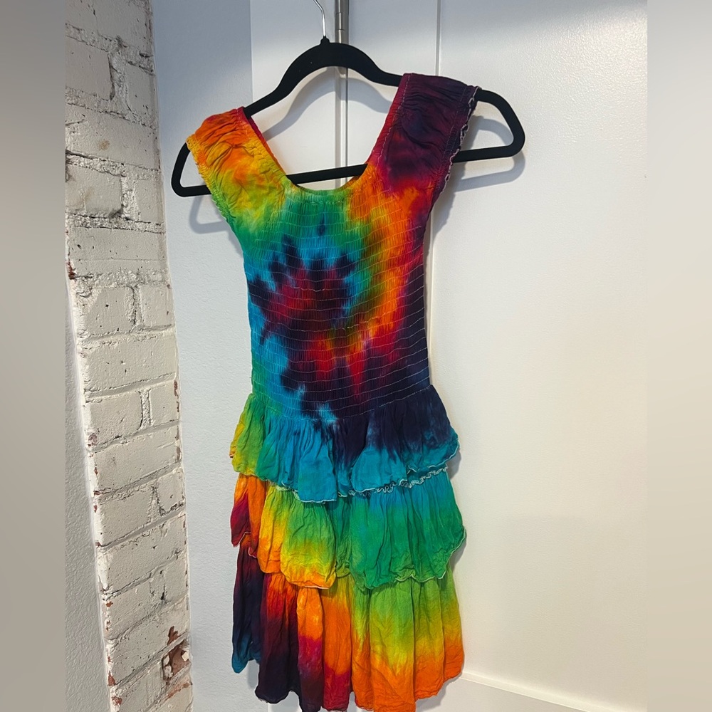 Kids’ tiered and smocked Peaceful People tie-dye dress, size 4